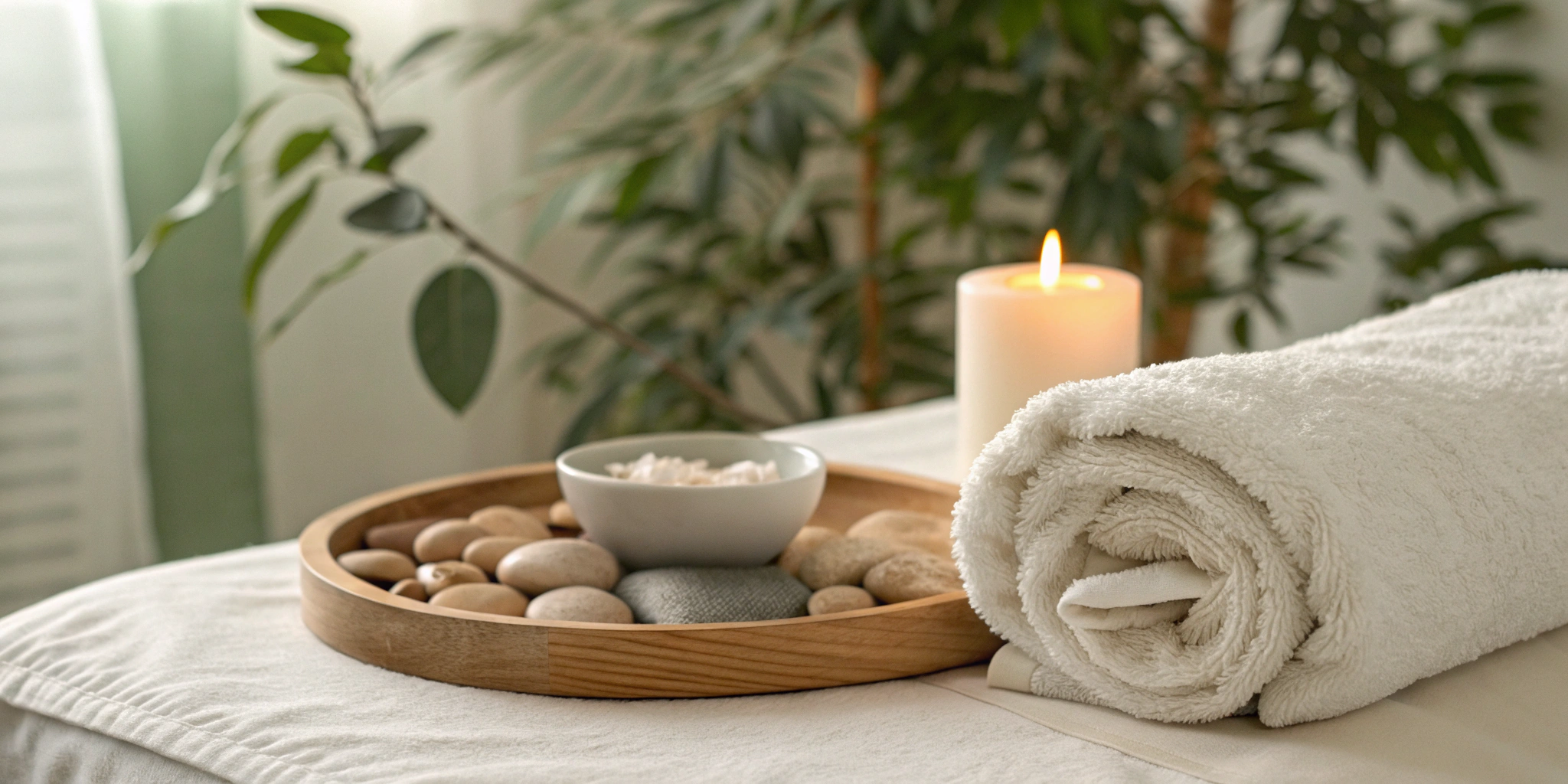 A relaxing med spa treatment room in Murfreesboro, TN with a candle, rolled towel, and therapy stones.