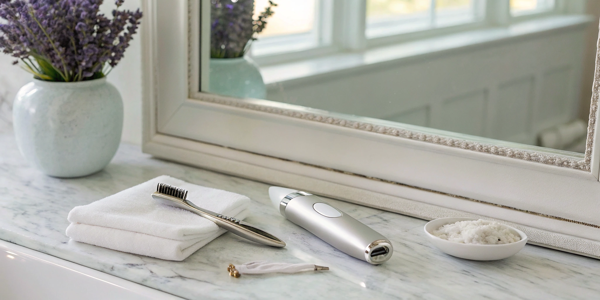 Best hair removal tools for female facial hair arranged on a bathroom counter.