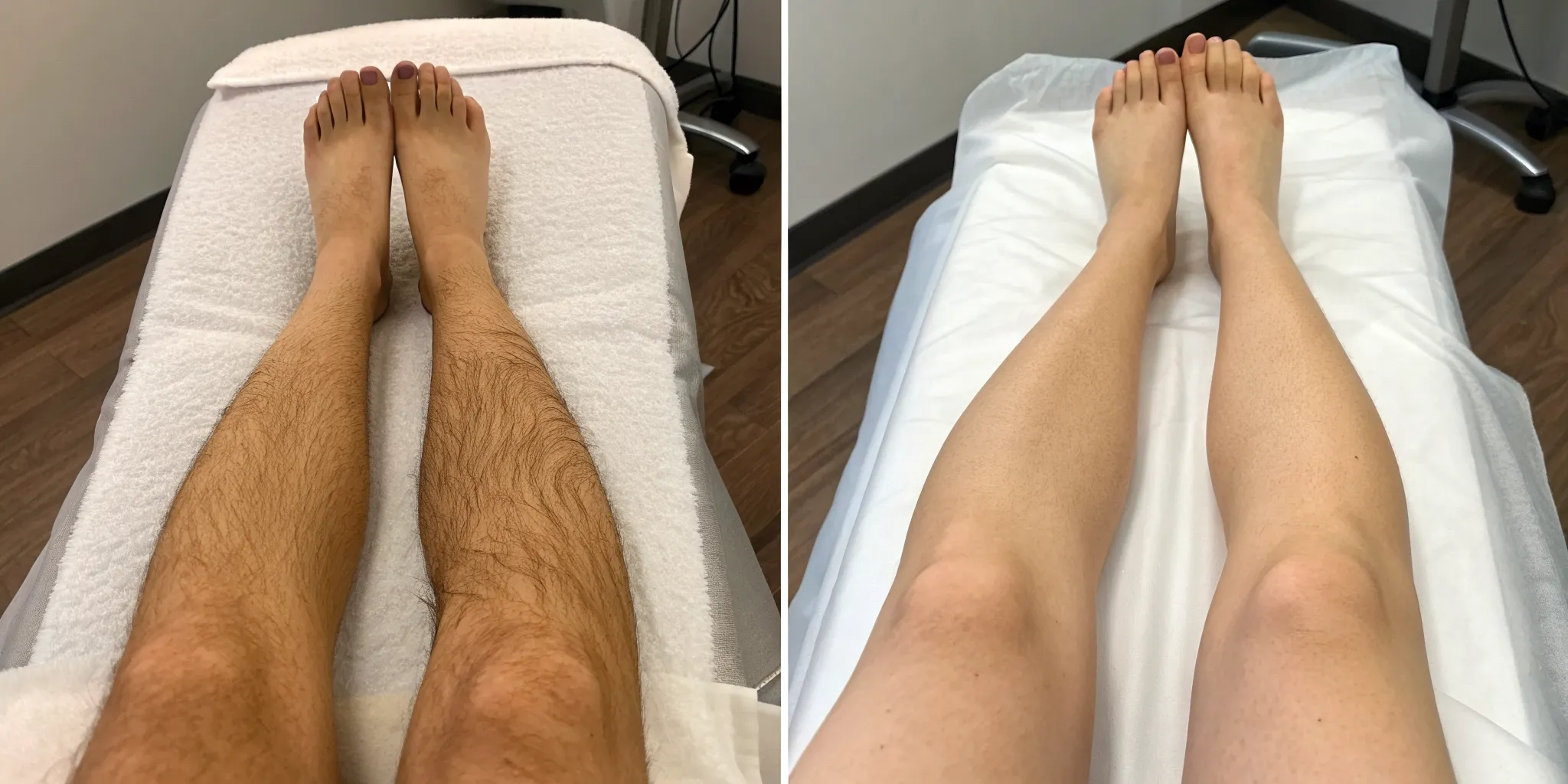 Before and after laser hair removal on legs for smoother skin.