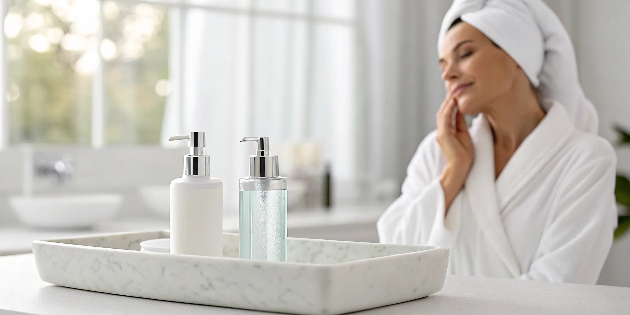 Woman applying a hydrating serum to her face for HydraFacial aftercare.