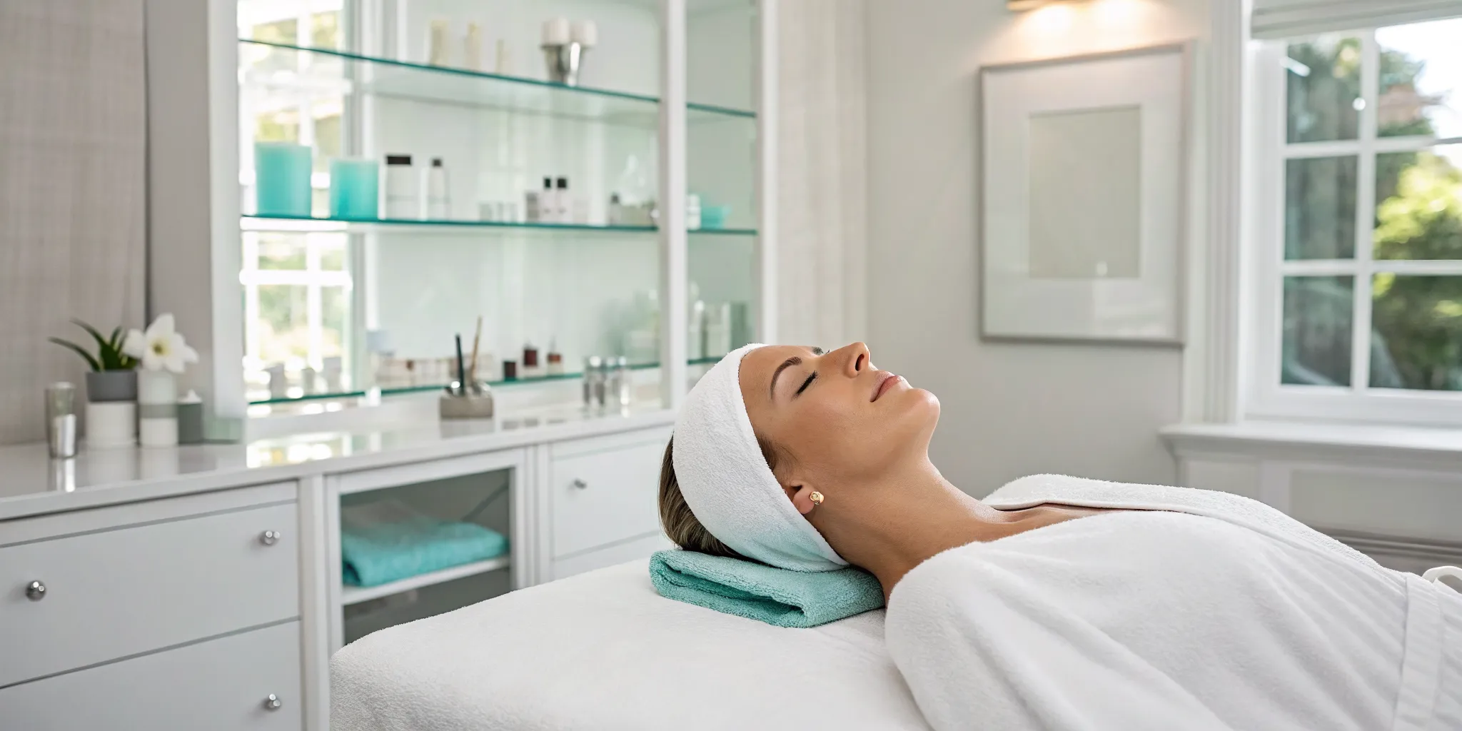 Woman relaxing during a hydrafacial treatment for blackheads.