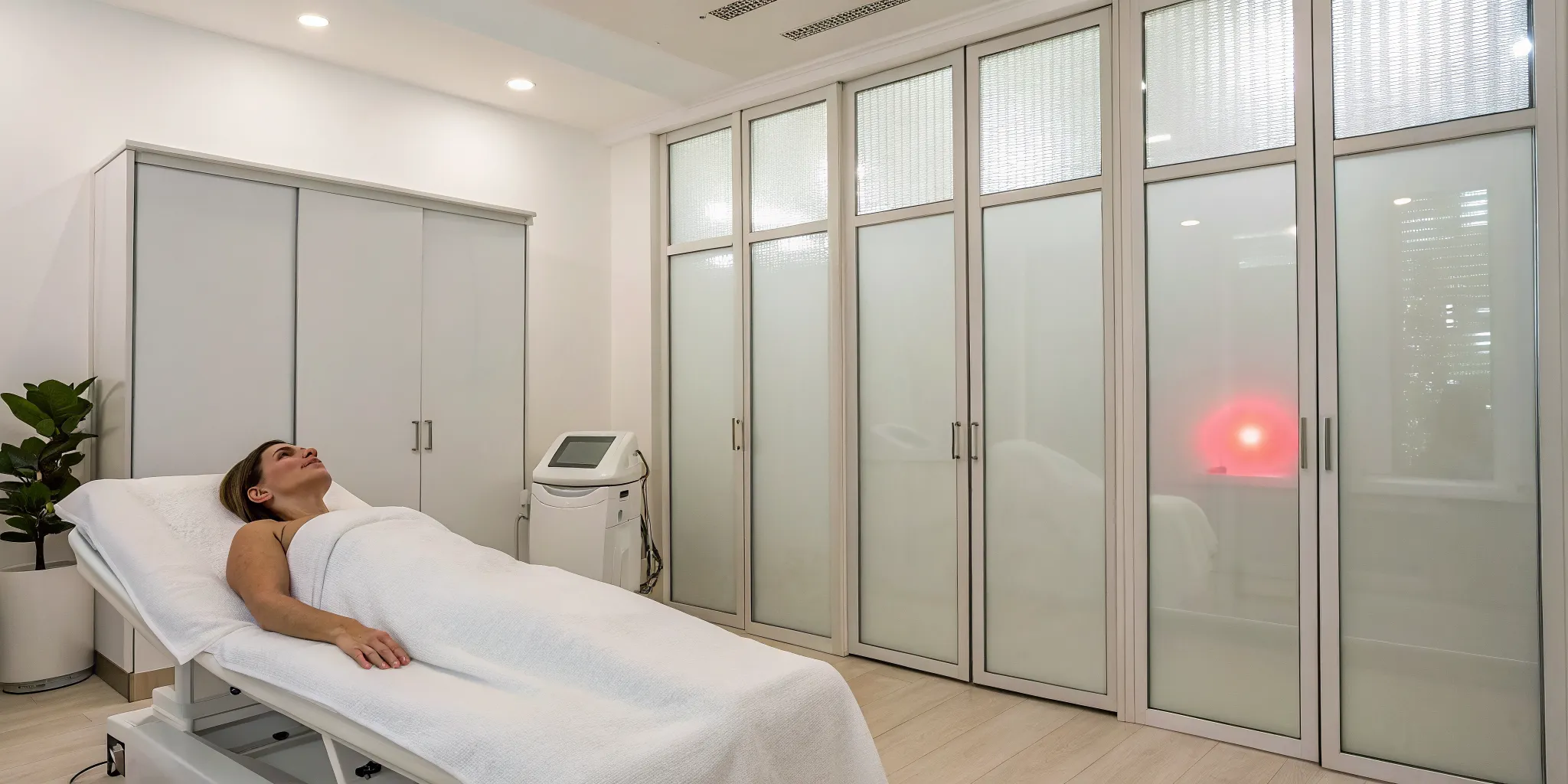 Woman on a treatment bed for a laser lipo procedure with potential side effects.