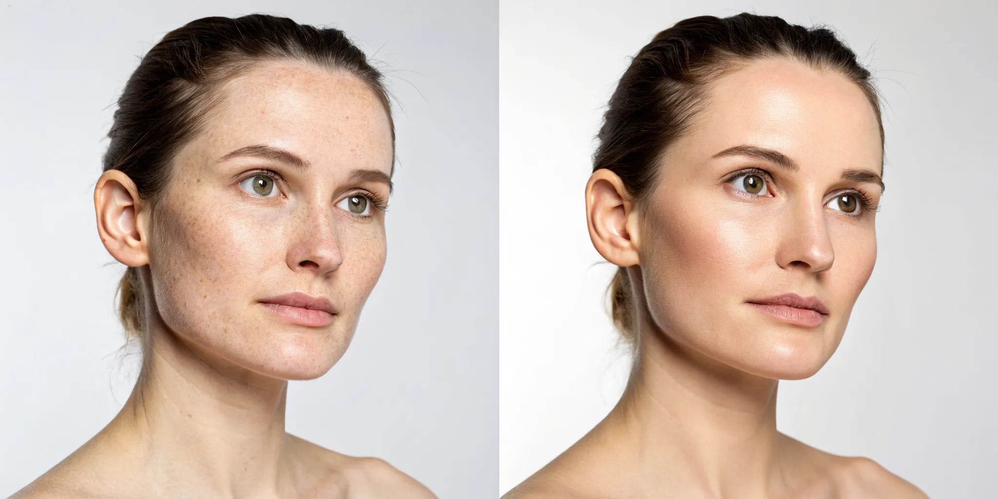 RF skin tightening before and after with improved skin texture and firmness.