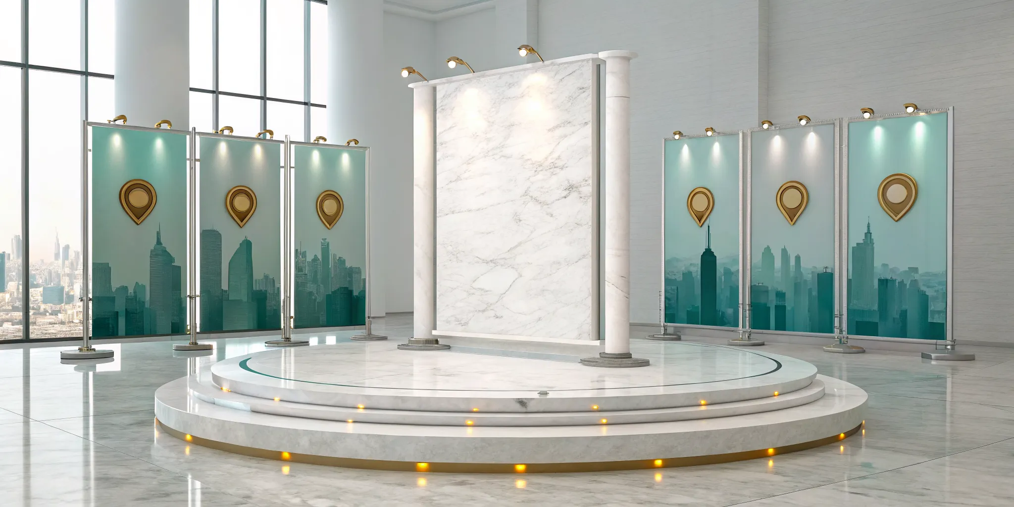 A marble platform with a city skyline, a key factor in body sculpting pricing.