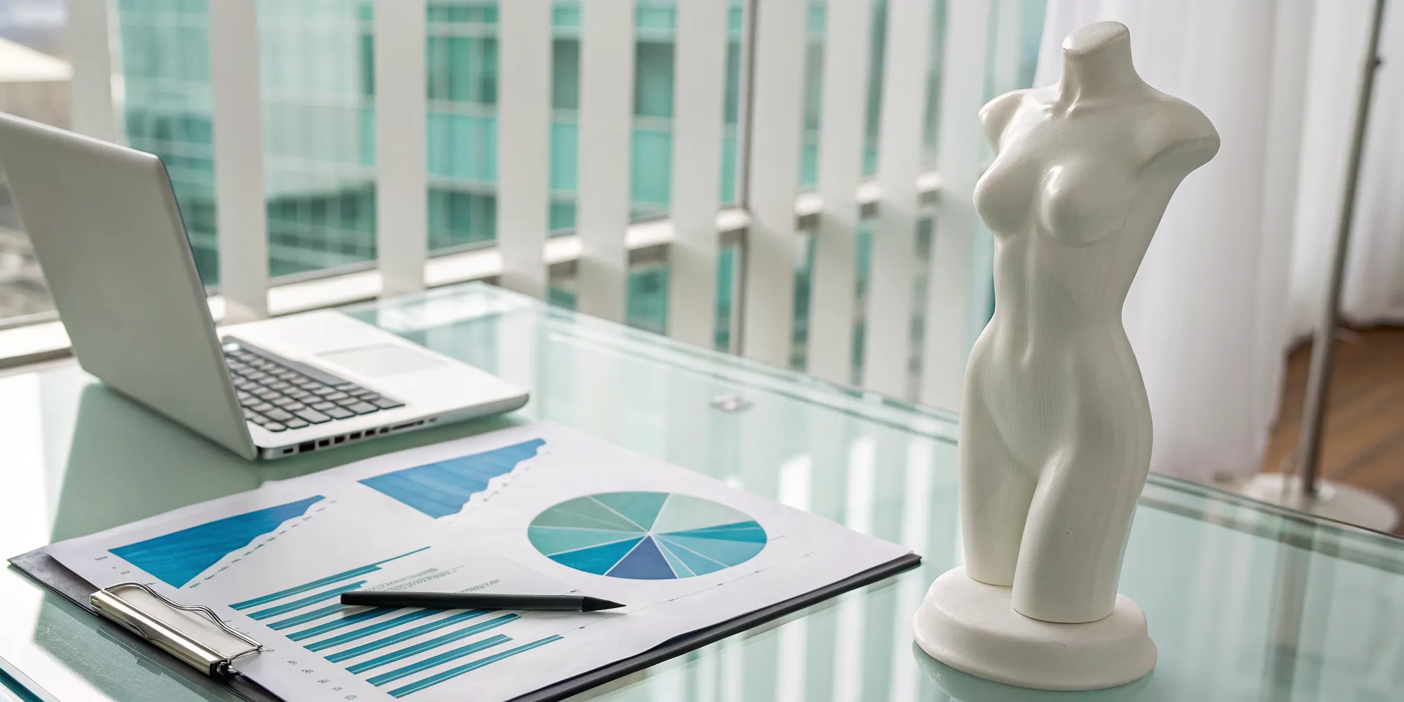 Calculating body contouring cost with a laptop showing financial charts and a female torso model.