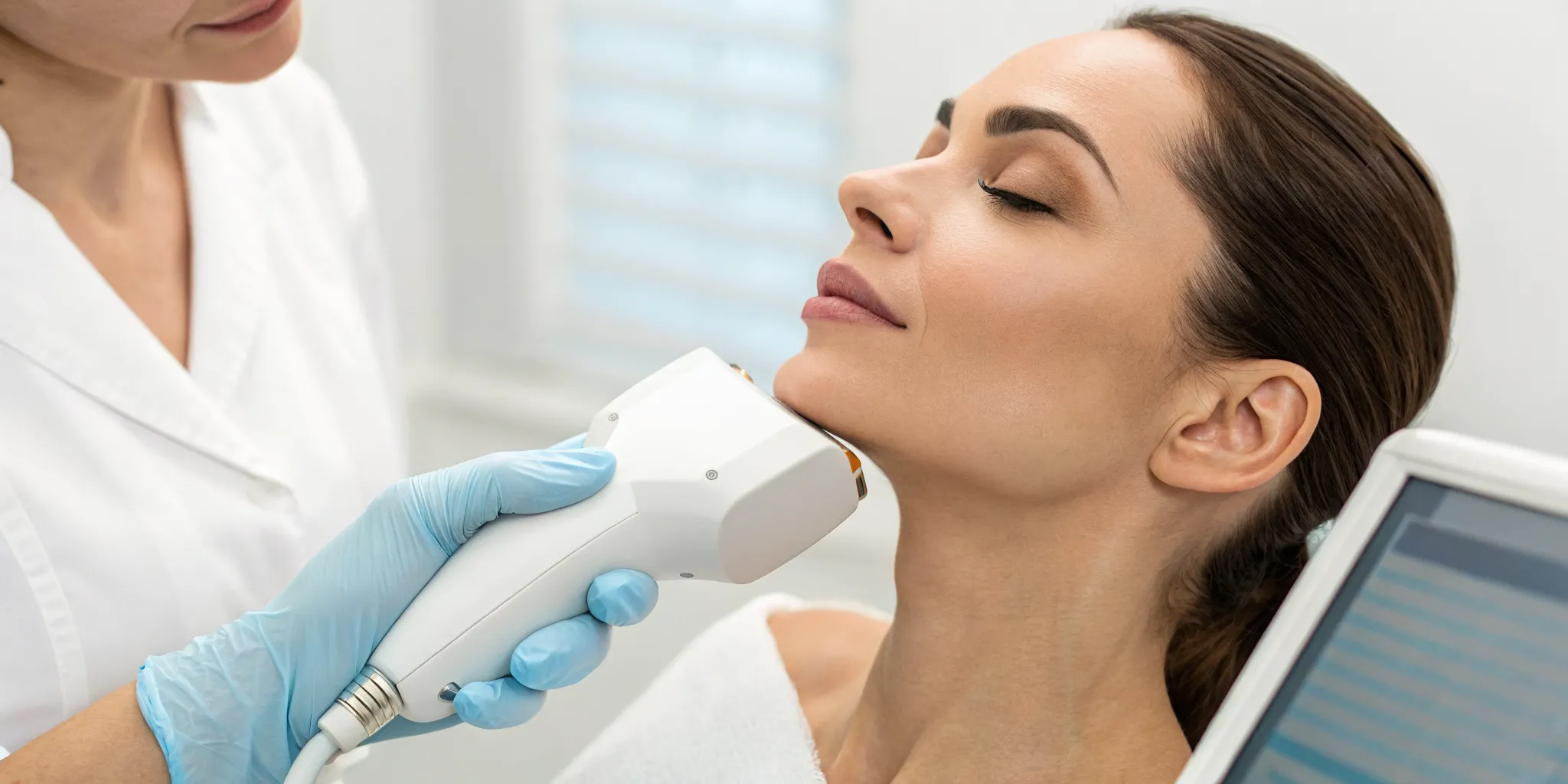 Woman getting chin laser hair removal, a procedure with a specific price.