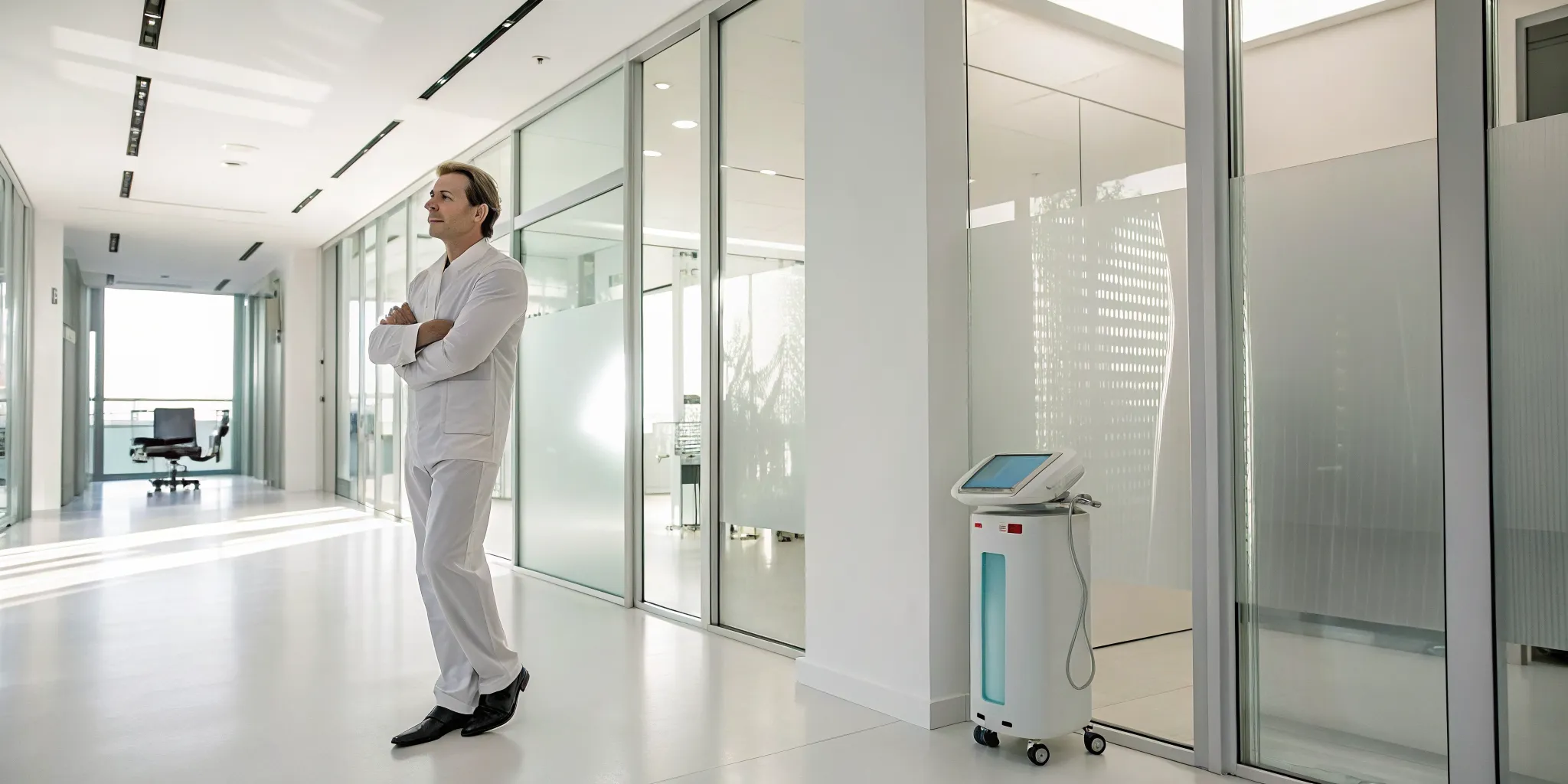 A doctor with a laser lipo machine for men's targeted fat removal.