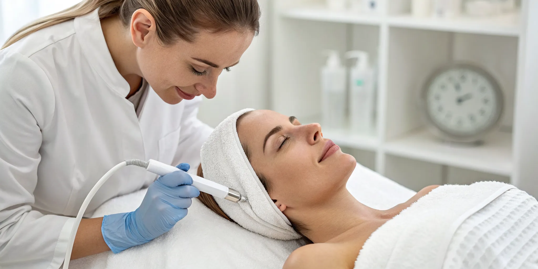 Woman getting a HydraFacial treatment as part of a schedule for maintaining glowing skin.