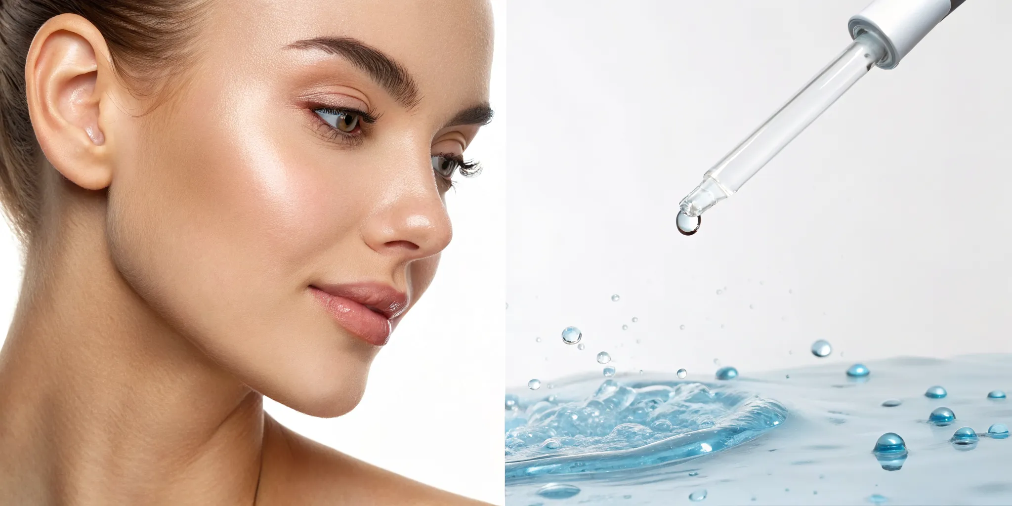 Woman with a serum dropper deciding between a hydrafacial vs a chemical peel.