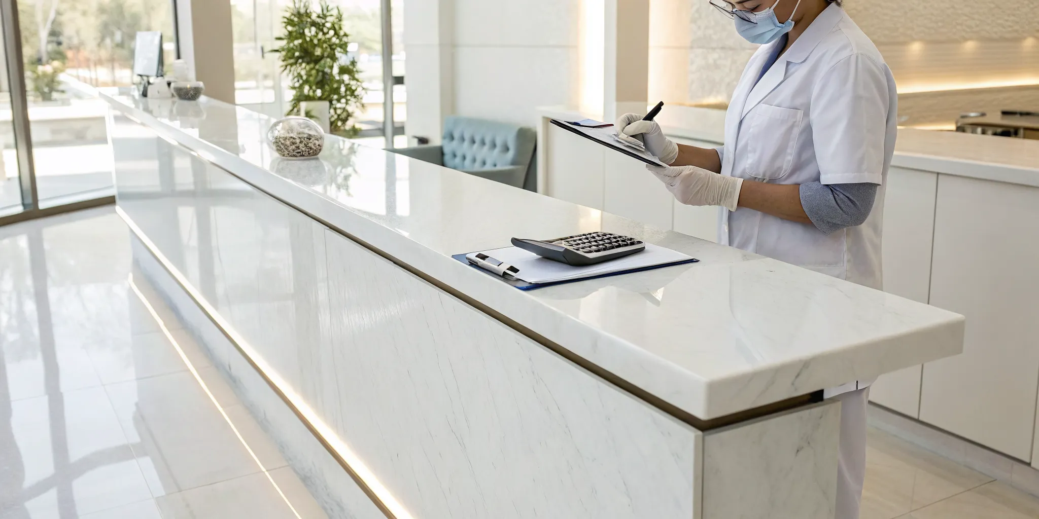 Woman reviewing laser hair removal financing options at a clinic.