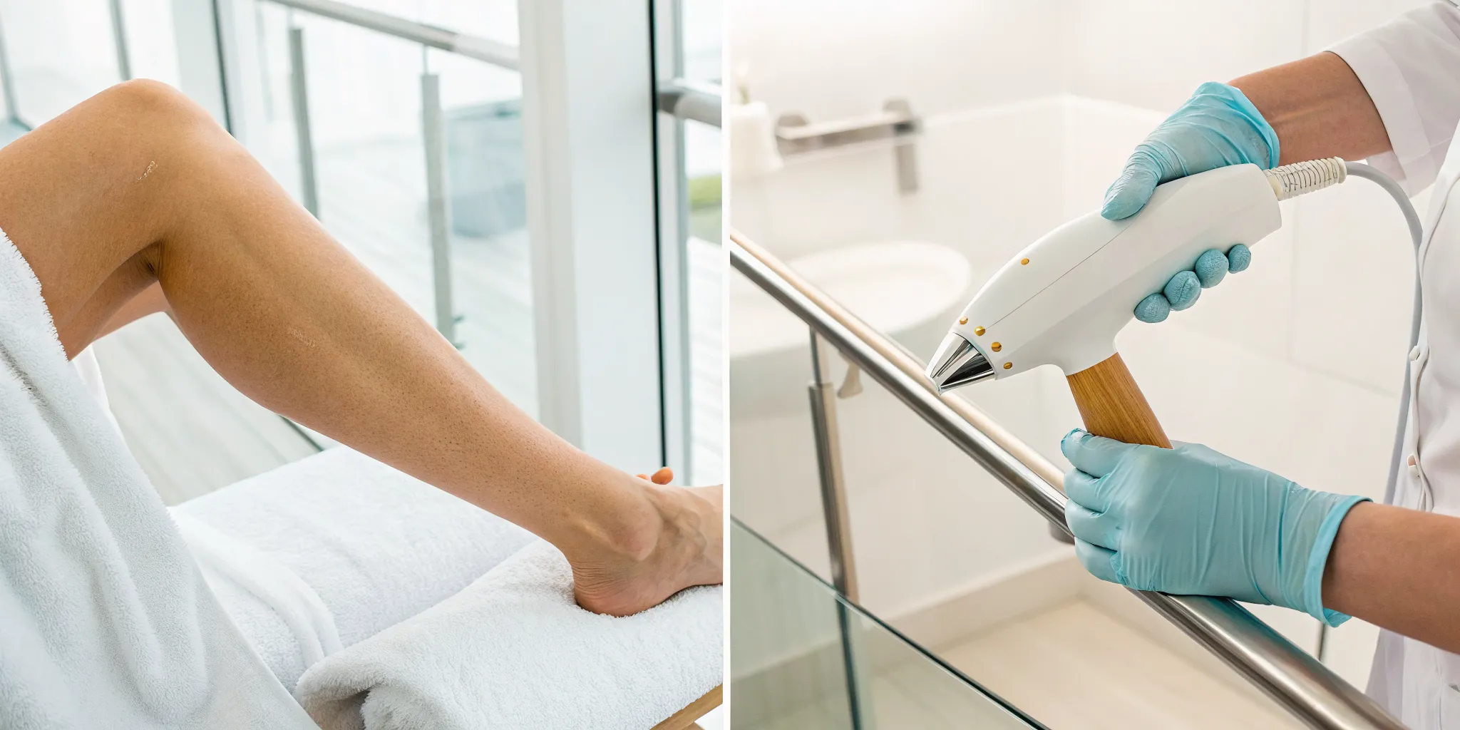 Laser hair removal vs waxing comparison with a laser device and a smooth leg.