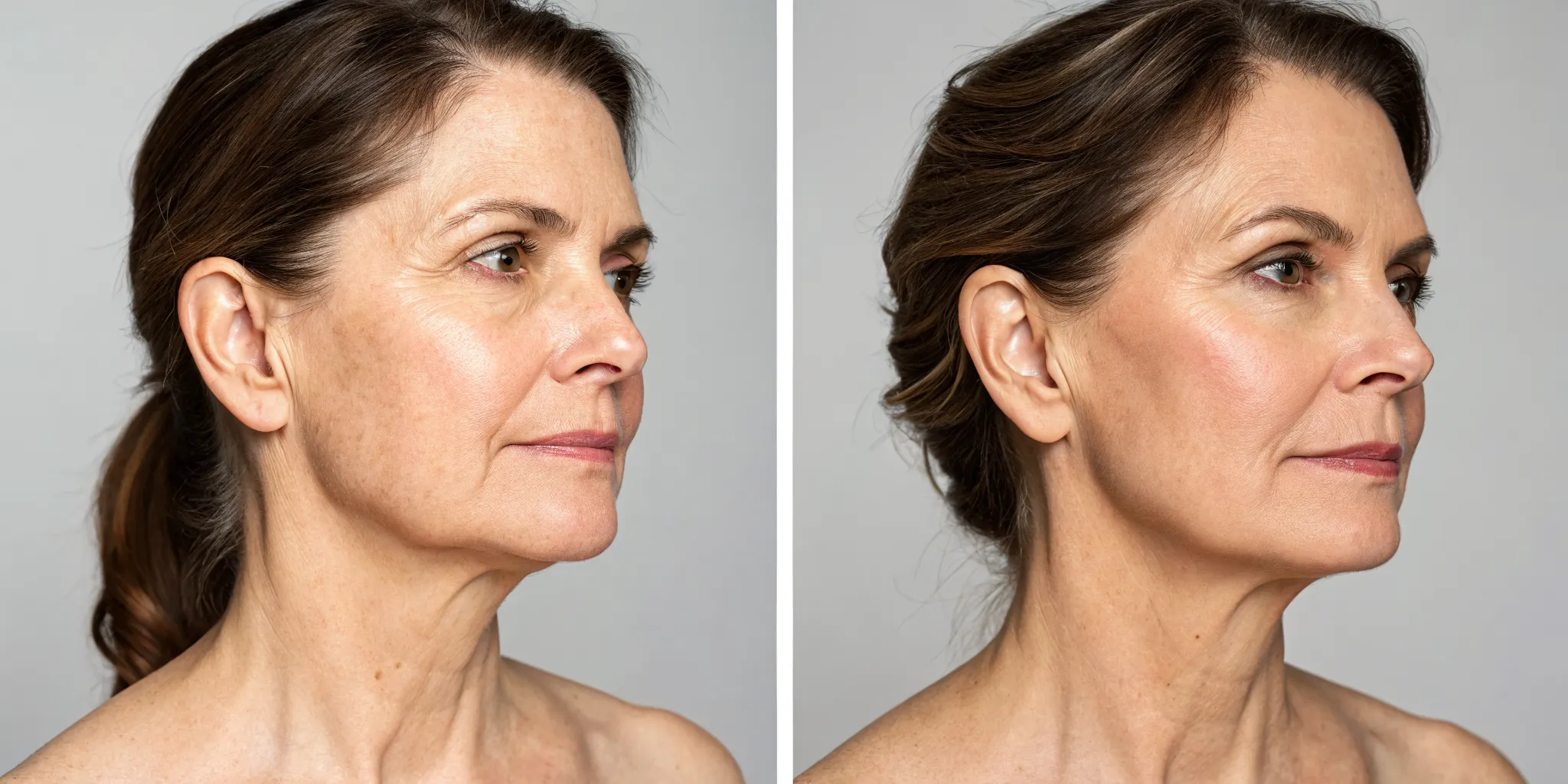 A woman's face before and after skin tightening, with a firmer jawline and smoother skin.