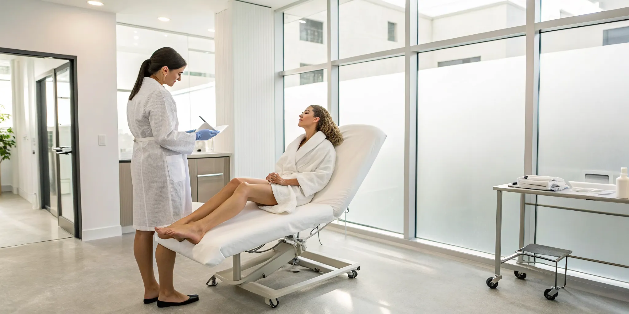 Woman discussing treatments for cellulite on legs with a specialist.